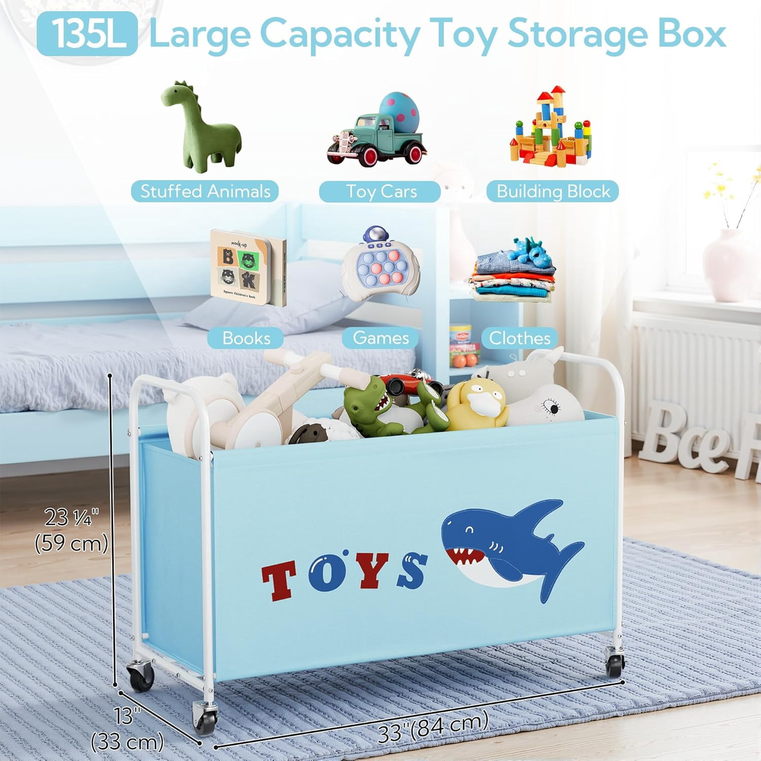 GRANNY SAYS Kids Large 135L Toy Storage Organizer, 300D Oxford Cloth & Metal Toy Chest with Lockable Silent Wheels, Blue