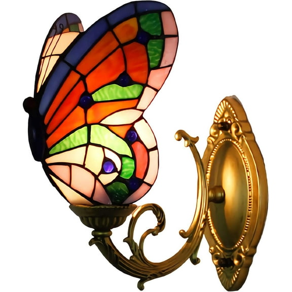 Artistic Style Butterfly Wall Sconces,E27 Bulb, Stained Glass Hallway Wall Lamp, Retro Metal Night Light for Living Room Bedroom Beside Decor Wall Lighting Fixture,4