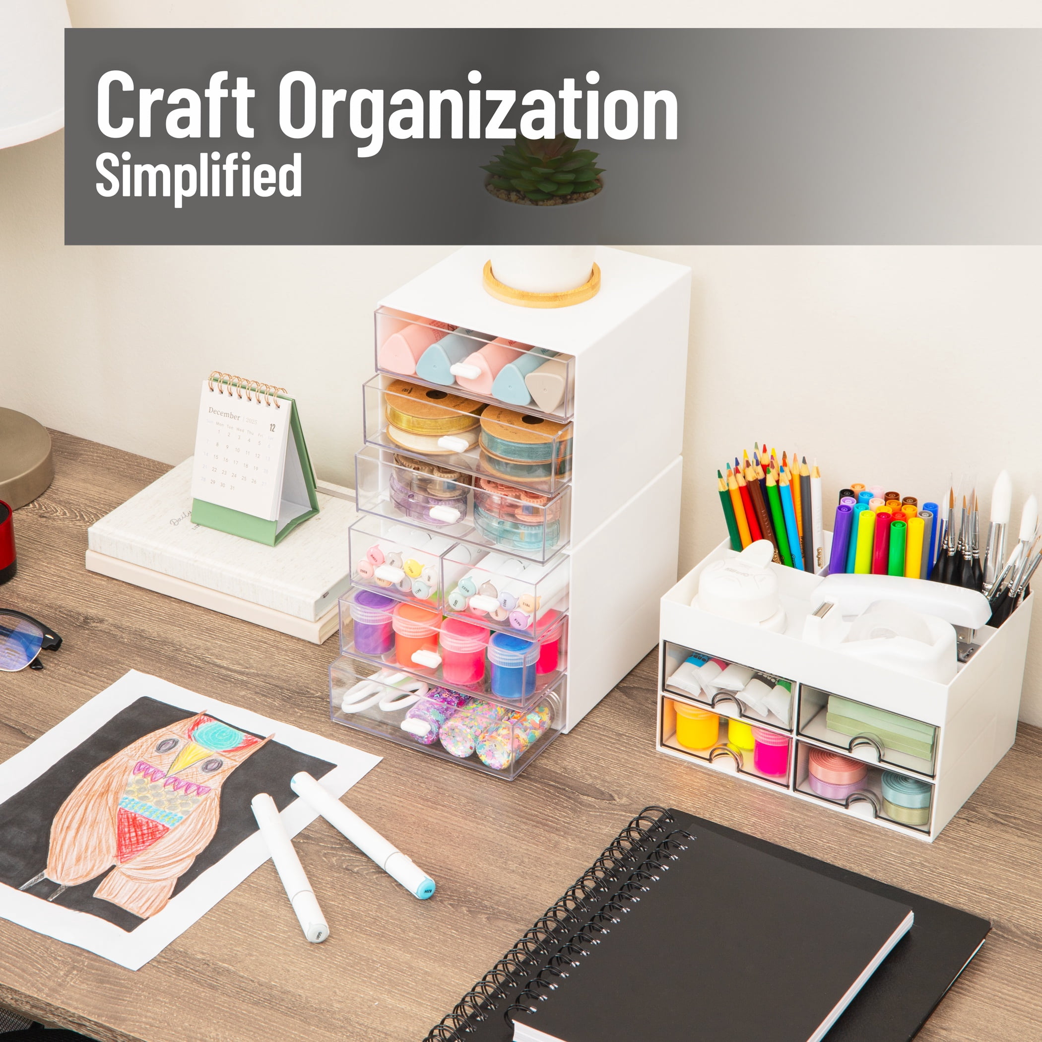 Mind Reader Stackable Craft Supply Organizer, 6 Drawer Desktop Storage with Clear Drawers, Plastic, Set of 2, White