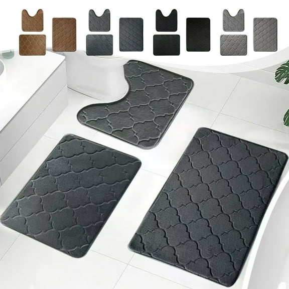 Flannel Bath Mat Set of 3 Pcs, Bathroom Rugs and Toilet Rug U-Shaped, Soft Thick Comfortable Bath Rugs, Machine Wash Dry, Non Slip Absorption Bath Mats for Bathroom Floor
