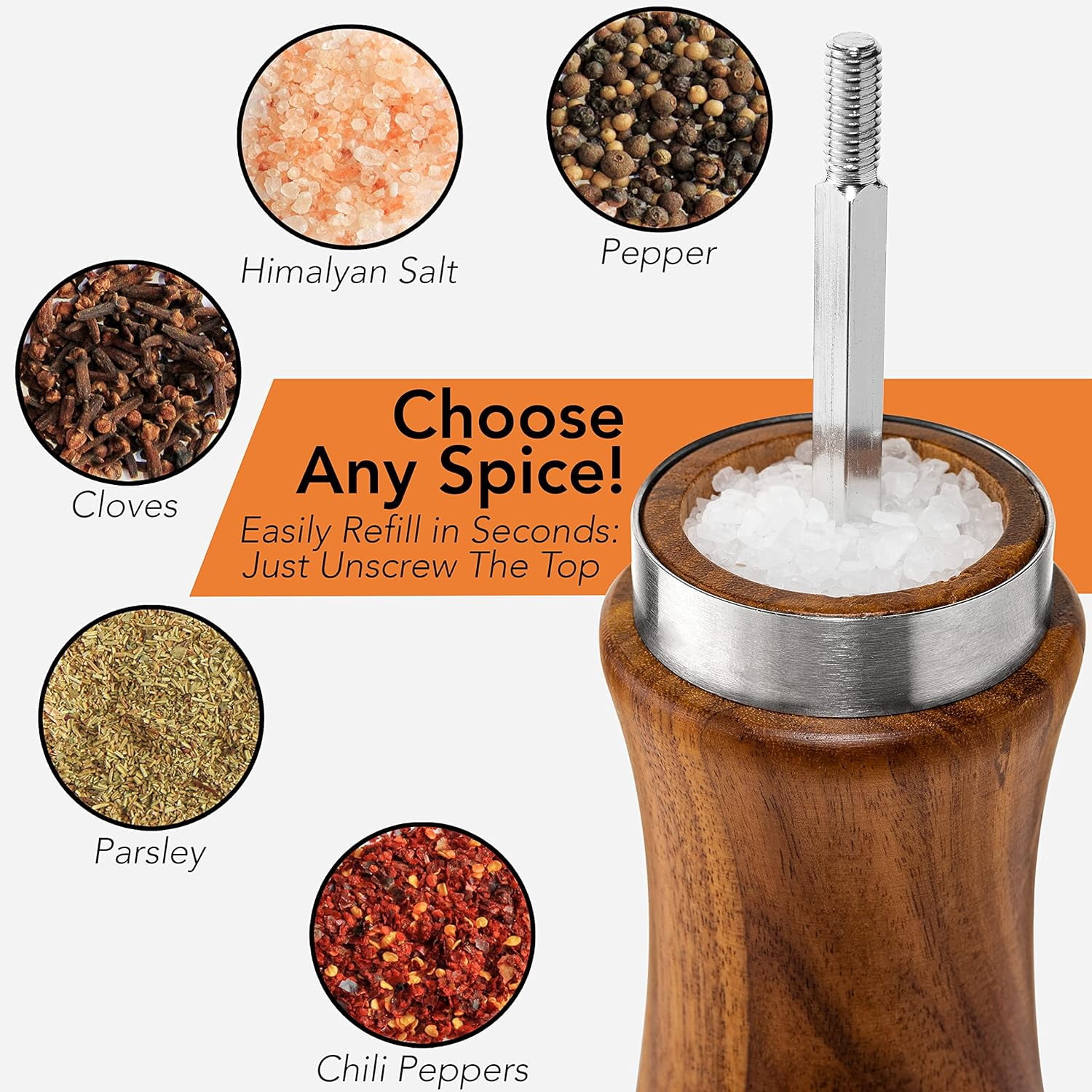 Haomacro Kitchen Wooden Salt and Pepper Grinder Set: Refillable Salt & Pepper Mills Adjust for Customized Coarseness, Crafted of Solid Acacia Wood with Ceramic/Stainless Steel Core, 8 Inches 2 Pack