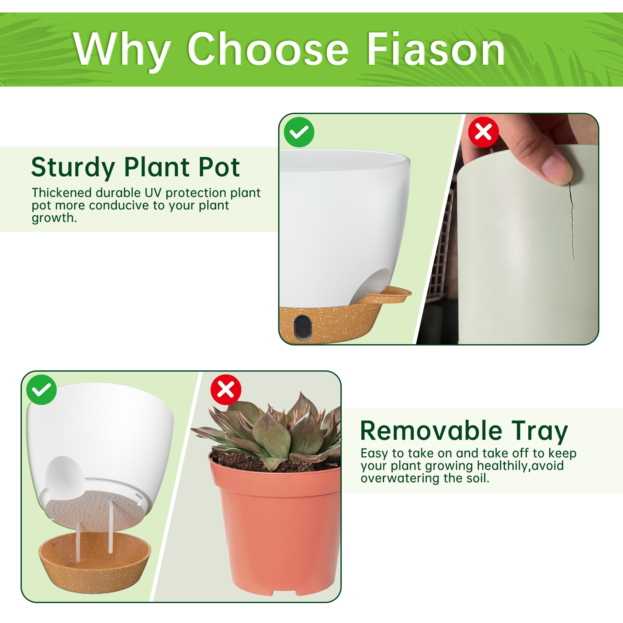 FIASON 6 Pack Self-Watering Plant Pots, White with Brown 5/5.5/6/6.5/7/8 Inch Planters with Watering Lip, Drainage Holes & Saucer for Indoor Outdoor Garden Plants