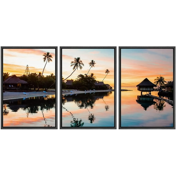 wall26 - 3 Piece Framed Canvas Wall Art - Tropical Sunset at Moorea, French Polynesia - Modern Home Art Stretched and Framed Ready to Hang - 24"x36"x3 BLACK