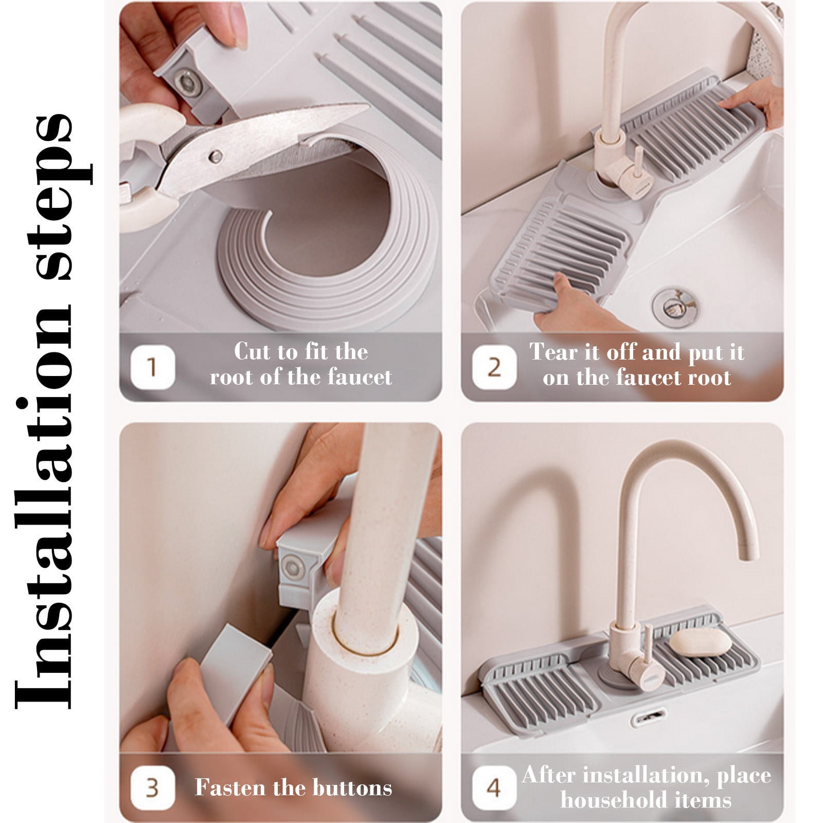 Lunxisen 4 pcs Button Style Silicone Faucet Mat for Kitchen Sink Slope & Fasten Button Design, Quick-Dry Splash Guard Water Catcher Behind Faucet, RV/Bathroom Safe