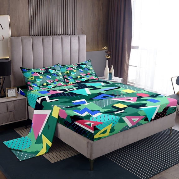 Erosebridal Retro Memphis Bed Sheets King,Geometric Round Triangle Bedding King Size,Colorful Graphic Decor,Super Cozy,4pcs