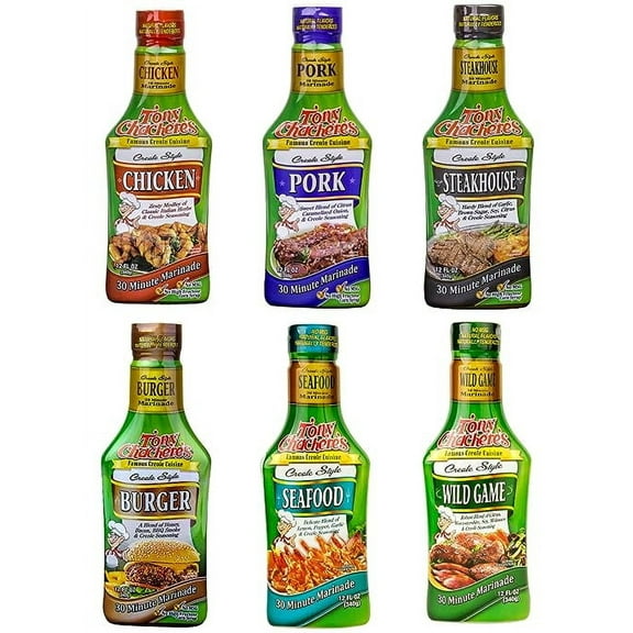 Tony Chachere's 6 Pack Bundle Pourable Marinade - Includes 1 Bottle Each - Chicken, Steakhouse, Pork, Burger, Wildgame, and Seafood