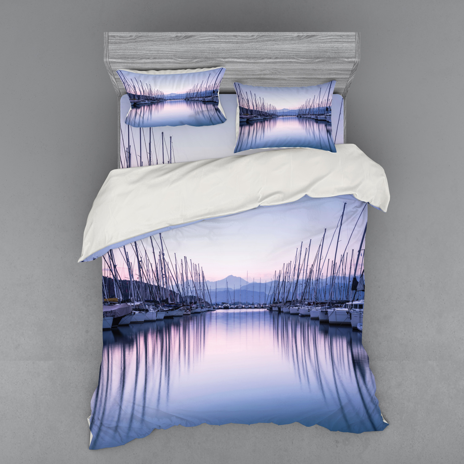 Sailboat Duvet Cover Set, Large Yacht Harbor in Sunrise Scenery Cruise