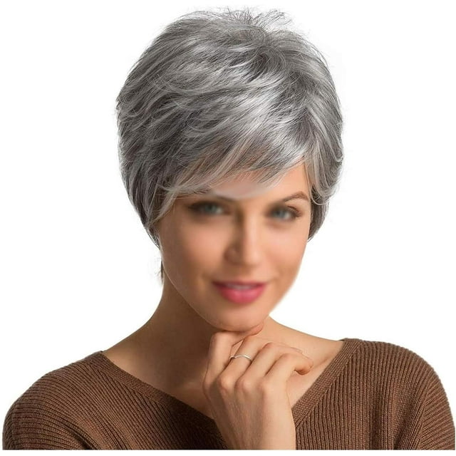 HSHDLDF Perruques en Cheveux Humains Grises Coupe Pixie Courte pour Femmes Perruque Naturelle