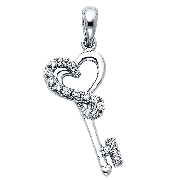 14k White Gold Cubic Zirconia Love Heart Design Key Pendant Necklace 10x20mm Pendant for Women
