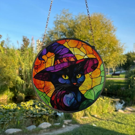Black Cat in Witch Hat Painted Stained Glass Suncatcher, Window Hanging Decor, Outdoor Sun Catcher, Halloween Decor