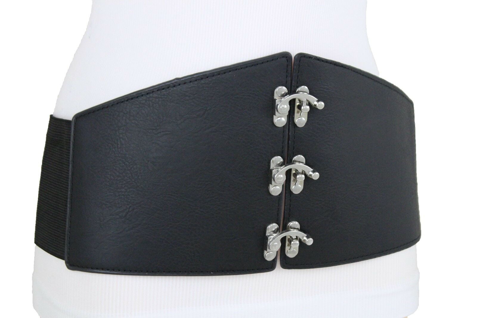 Women Silver Metal Hooks Black Color Extra Wide Corset Belt High Waist Size M L