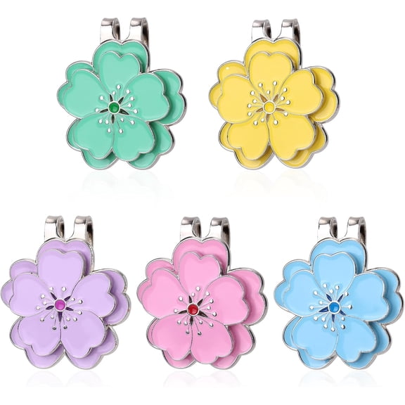 5pcs Magnetic Golf Ball Marker Hat Clip, Flower Shape Strong Magnet Ball Marker Clips Golf Decoration Accessories for Women Men Golfers Gloves Bag Cap (5 Colors)