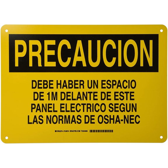 Brady 124914 Bilingual Sign, Legend "Debe Haber Un Espacio De 1M Delante De Este Panel Electrico Segun Las Normas", 10" Height x 14" Width, Black on Yellow