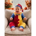 thumbnail image 5 of RUINIXCW Baby Boy Halloween Clown Adorable Long Sleeve Clown Face Print Tops and Striped Suspender Pants Hat Set, 5 of 8