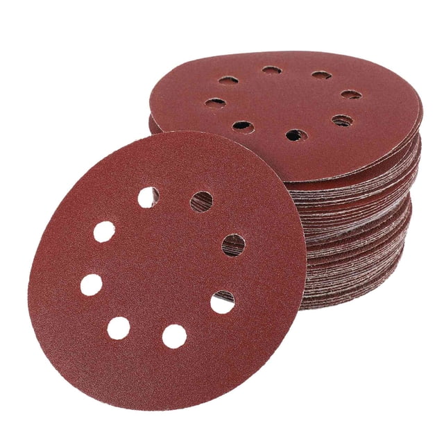 50 hojas de papel de lija redondas de 5 pulgadas (125 mm) con ocho agujeros, granos 40/60/80/120/240, con cierre de velcro. Disco de lijado y pulido.