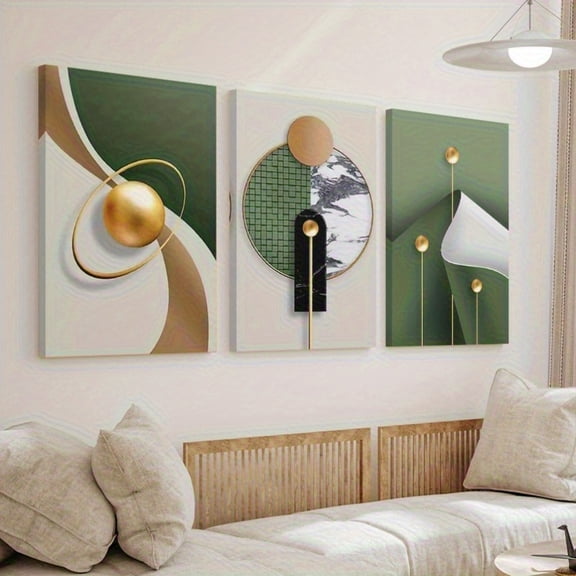 3pcs Abstract Golden & Green Geometric Canvas Art Set - Modern Wooden Framed Wall Decor for Living Room, Bedroom, or Office, Featuring Spheres, Circles, and Lines Design,