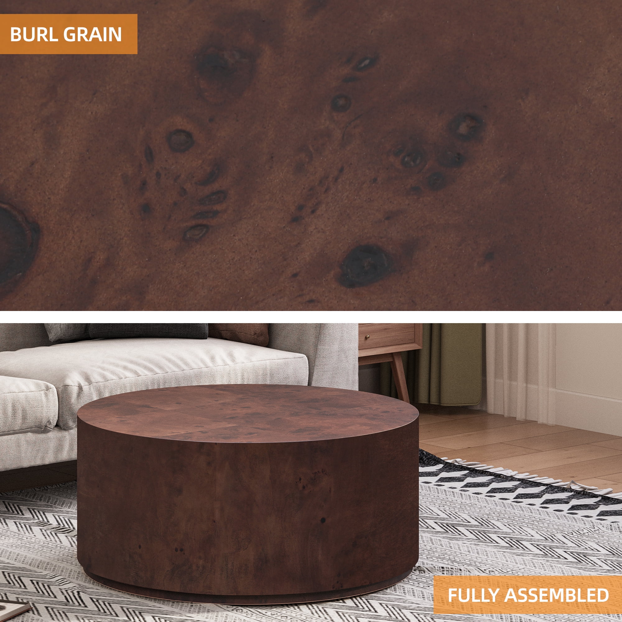 Uforic 16''H Burl Wood Coffee Table, Natural Coffee Side Table for Living Room & Office, Brown
