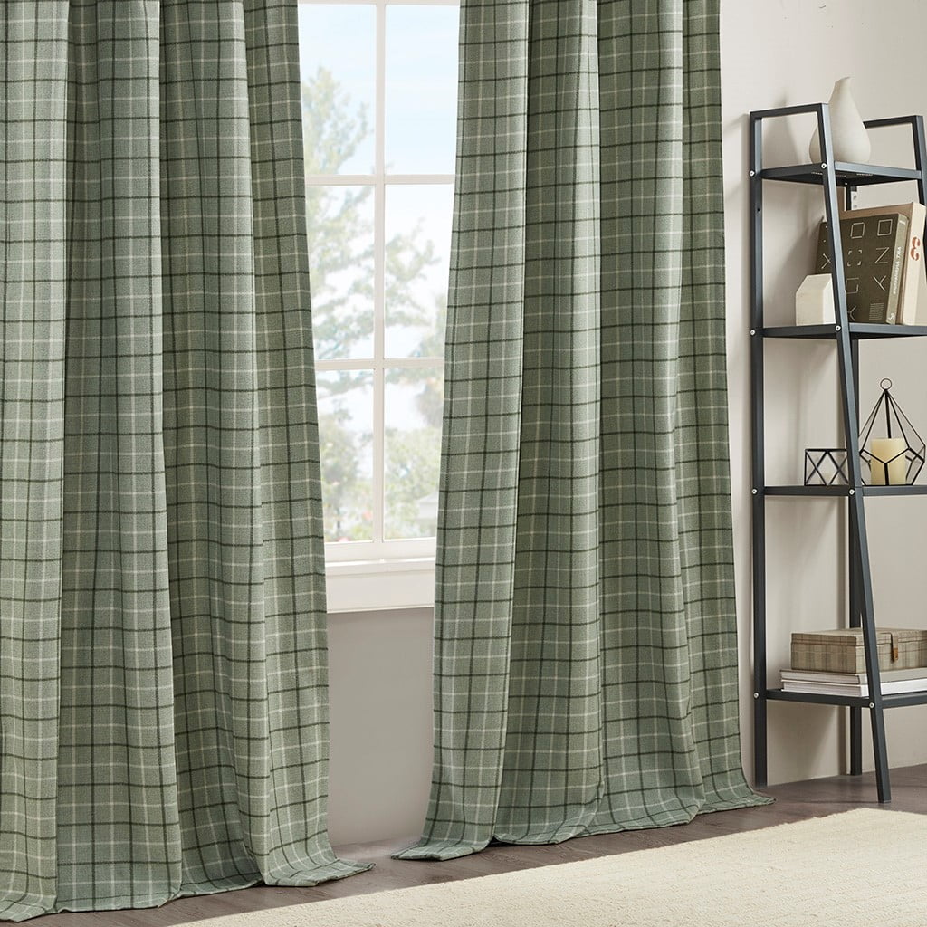 Plaid Rod Pocket and Back Tab Curtain Panel with Fleece Lining Green 50"x95"