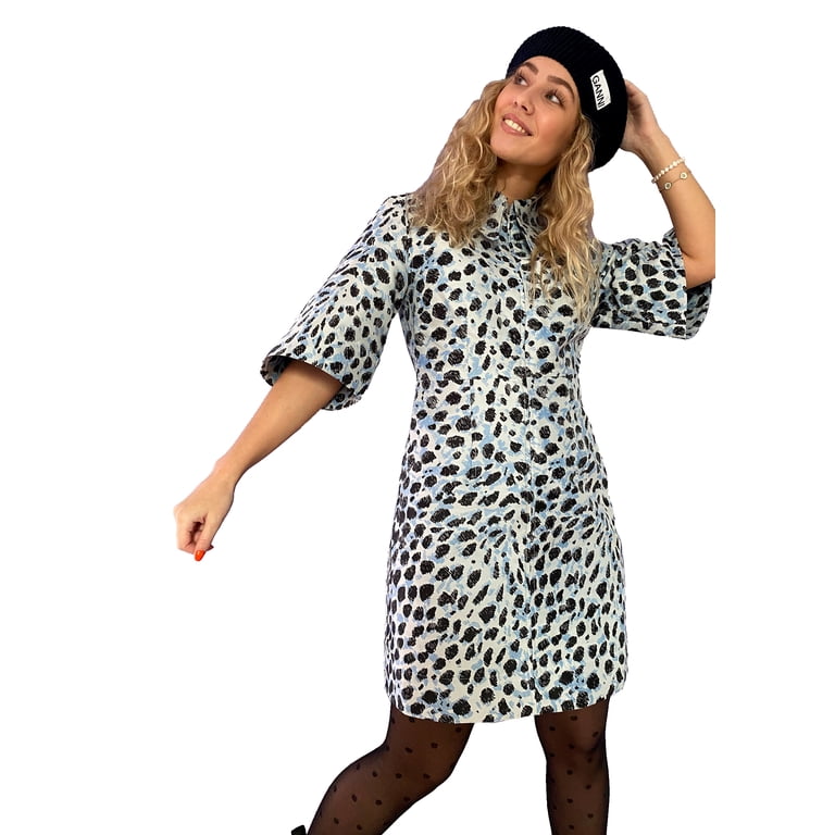 ganni blue leopard dress Printed Cotton Poplin U-Neck Mini Dress