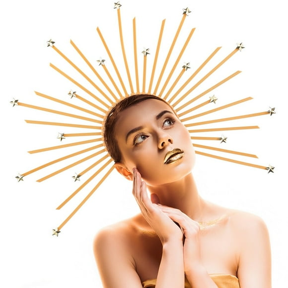 Halo Serre-Tête Crown pour Femmes, Coiffe Virgin Mary Étoile Dorée, Serre-Tête à Cravate Zippée à Pointes Halo Crown, Serre-Tête de Gala Met pour Fête Costumée, Coiffe Déesse Beyonce