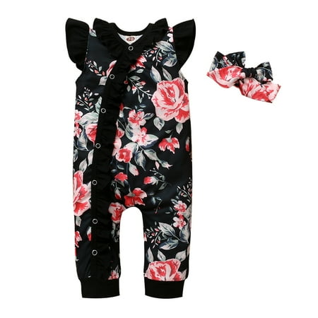 

Mikrdoo Baby Girls Romper Floral Single Breasted Design Bodysuit Ruffle Sleeve Jumpsuit For Summer With Headband Black 0-3 Months