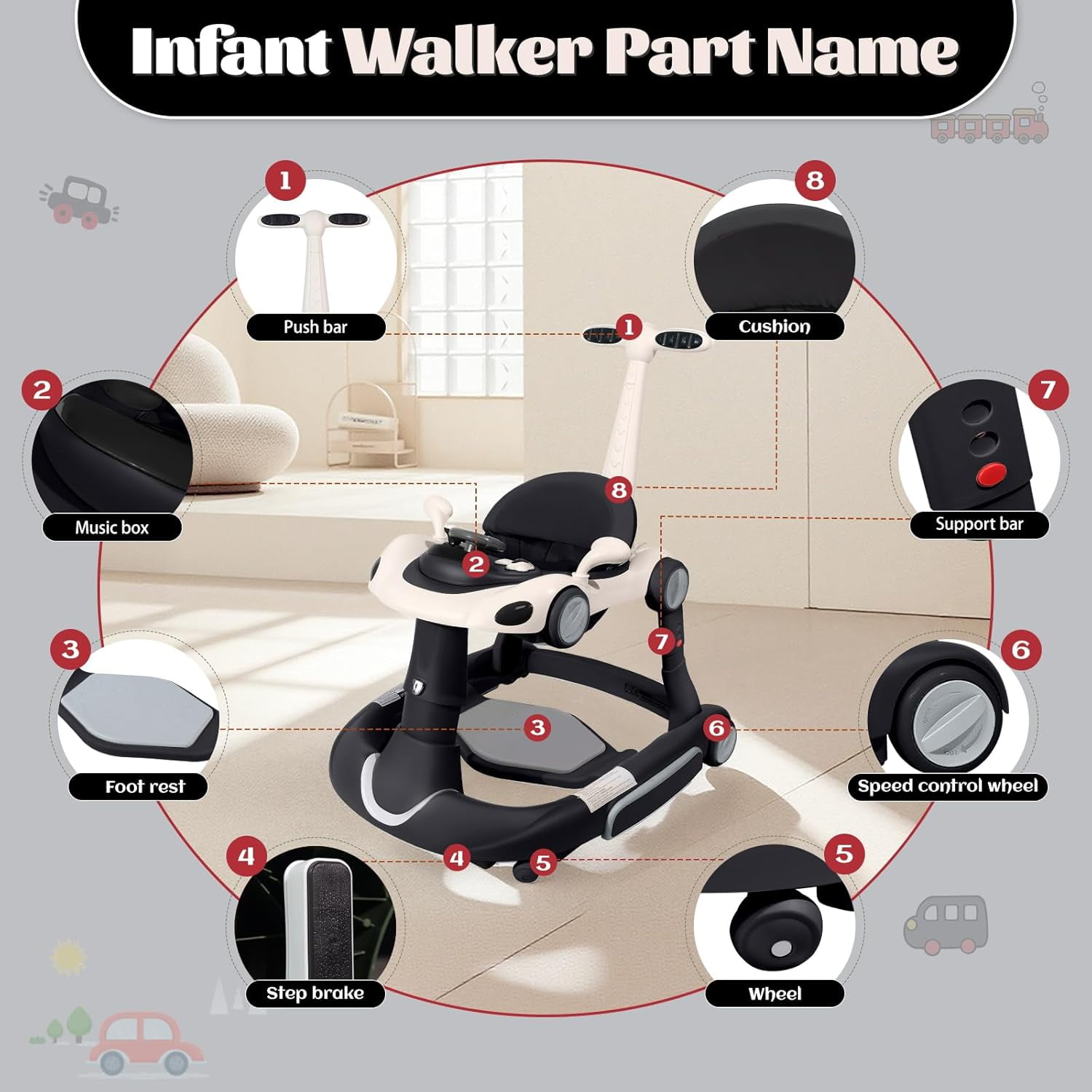 5 in 1 Baby Walker for Boys Girls,Foldable,Music,Light,Jumper,Rocking,Push,Height Adjustable Training Activity for Babies Infant 6-18 Months,Black