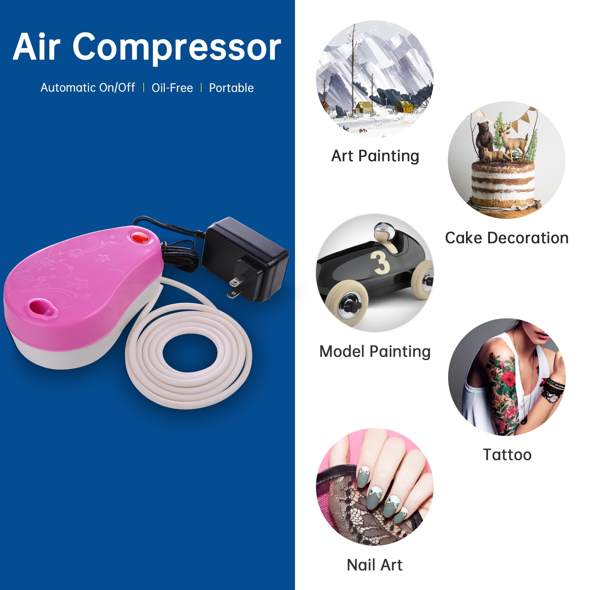Mini Portable Air Compressor Set w/ Hose Built-in Airbrush Holder Makeup Nail Art Body Painting Tattoo Beauty Pink