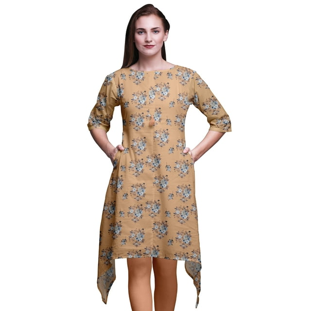 Bimba Kurti Asymétrique Orange à Imprimé Floral d'Anémone et de Tulipe pour Femmes, Robe d'Été Indienne Tunique XSmall