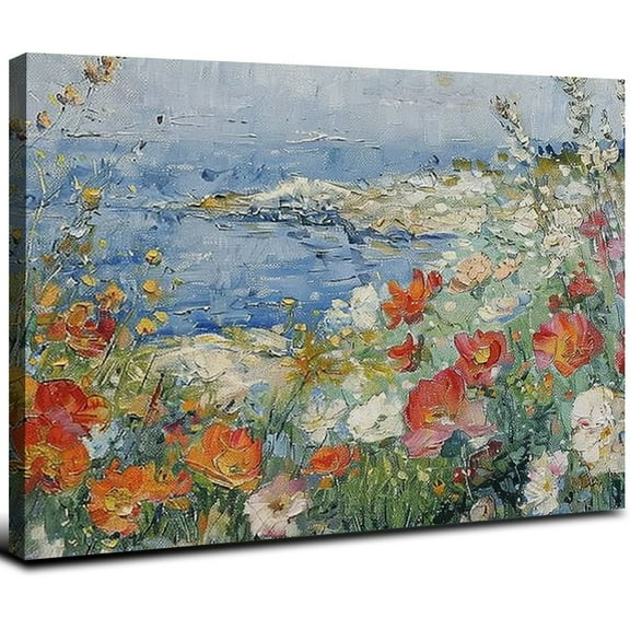 Acheng Vintage Spring Summer Nature Landscape Wall Art Modern Meadow Landscape Coastal Wild Flowers Posters Pictures French Country Farmhouse Field Prints Home Canvas Wall Decor Framed 20x16inch