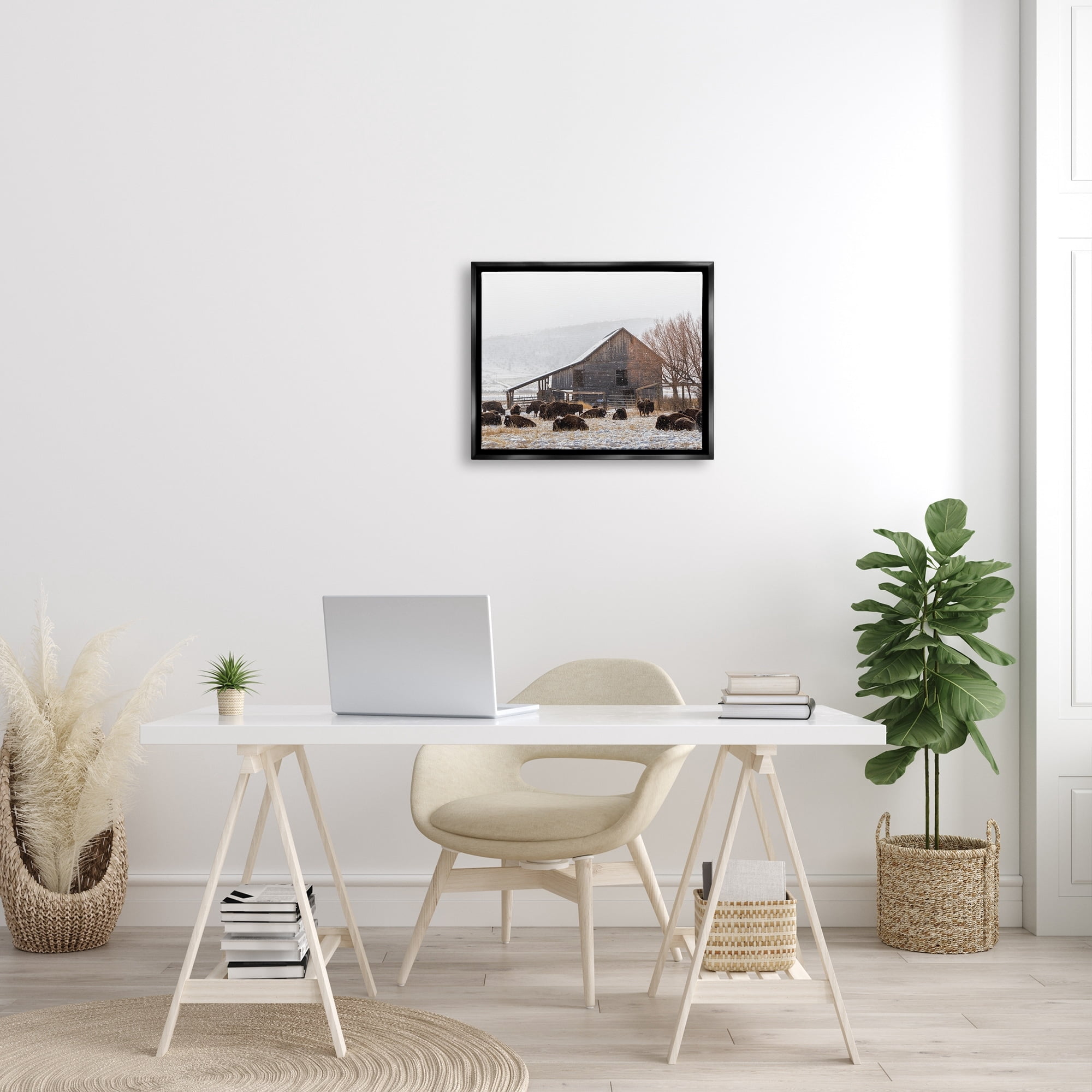 Stupell Industries Snow Dusted Barn Buffalo Bison Rural Farm Photograph Jet Black Floating Framed Canvas Print Wall Art, Design by Jeff Poe Photography