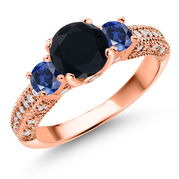 Gem Stone King 18K Rose Gold Plated Silver Black Onyx Blue Created Sapphire and White Moissanite Engagement Ring for Women (1.86 Cttw, Gemstone December Birthstone, Round 7MM and 4MM, Size 8)