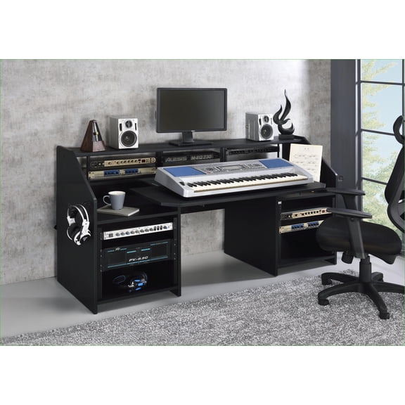 Desks for Music Studio, 47”L x 19”W Rectangular Desk with Storage & Cable Holes, Black | Synthetic Wood