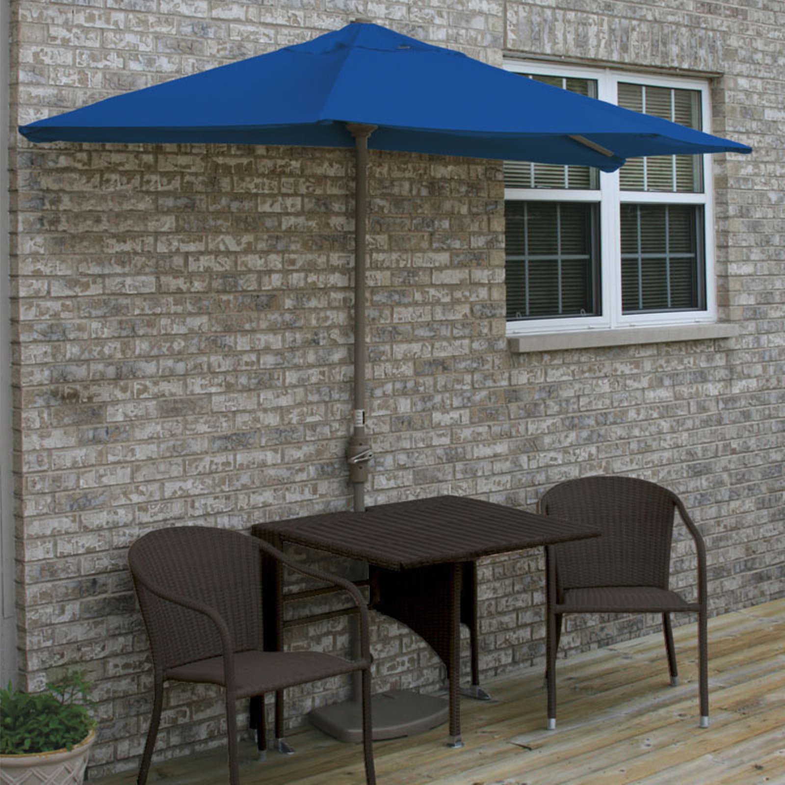 Blue Star Group Terrace Mates Daniella All-Weather Wicker Java Color Table Set w/ 9'-Wide OFF-THE-WALL BRELLA - Green Olefin Canopy - image 2 of 9