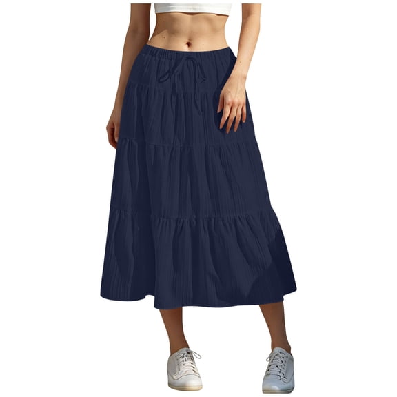 asdoklhq A Line Skirts for Women Plaid Skirts Women Fashion Summer Casual Comfy Solid A-Line Long Skirts Elastic Waist Pocket Navy 2X