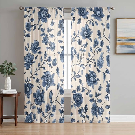 Navy Blue Floral Sheer Curtains 63 Inch Length 2 Panels Set, Spring Vintage Blossom Botanical Voile Window Treatment Rod Pocket Curtains Sheers Drapes for Bedroom/Living Room/Kitchen 52x"63"x2