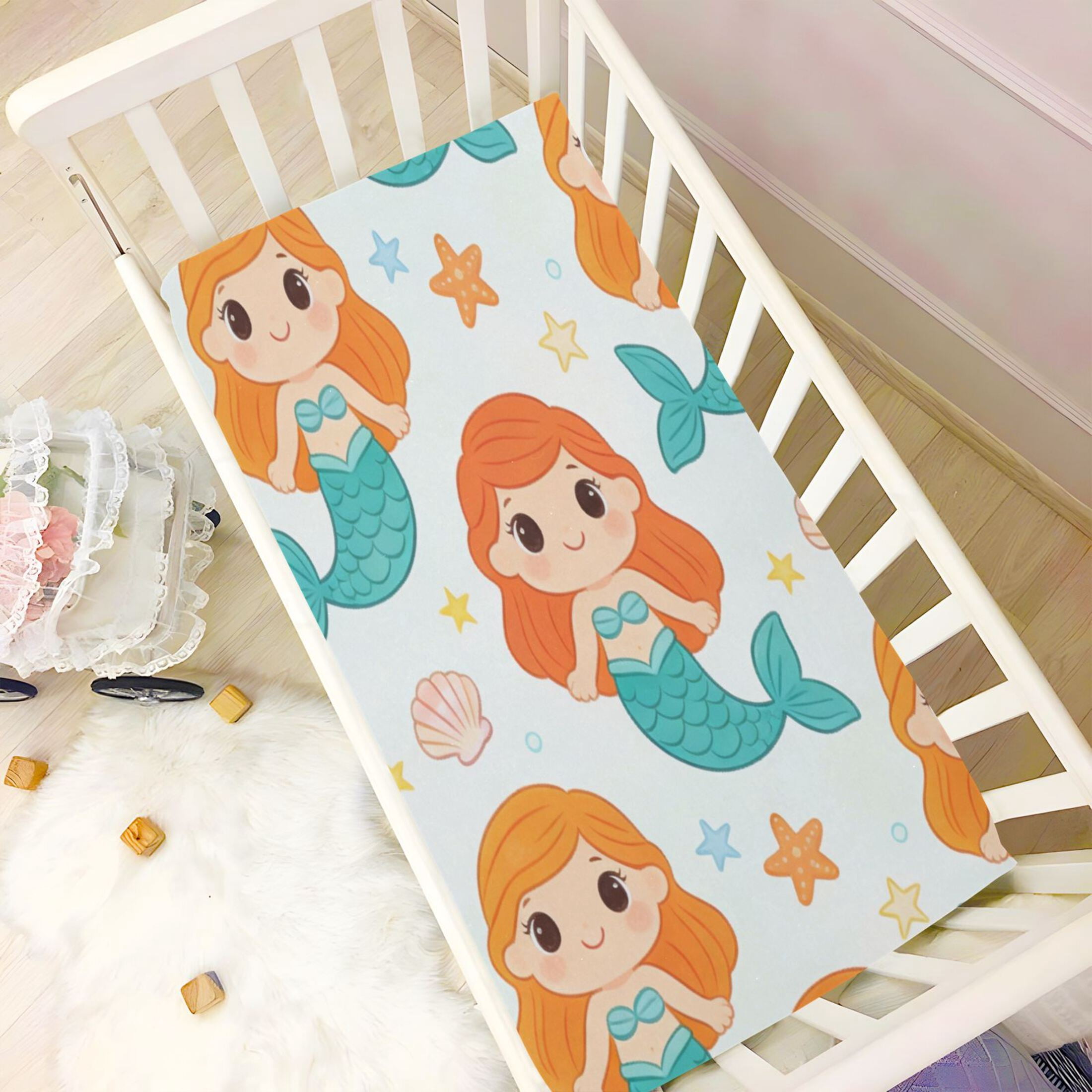 Baby Essentials 39”x 27”- Standard Cotton-like Modal Elastic- White Mermaid Pattern Design Crib Sheets for Newborns and Toddlers
