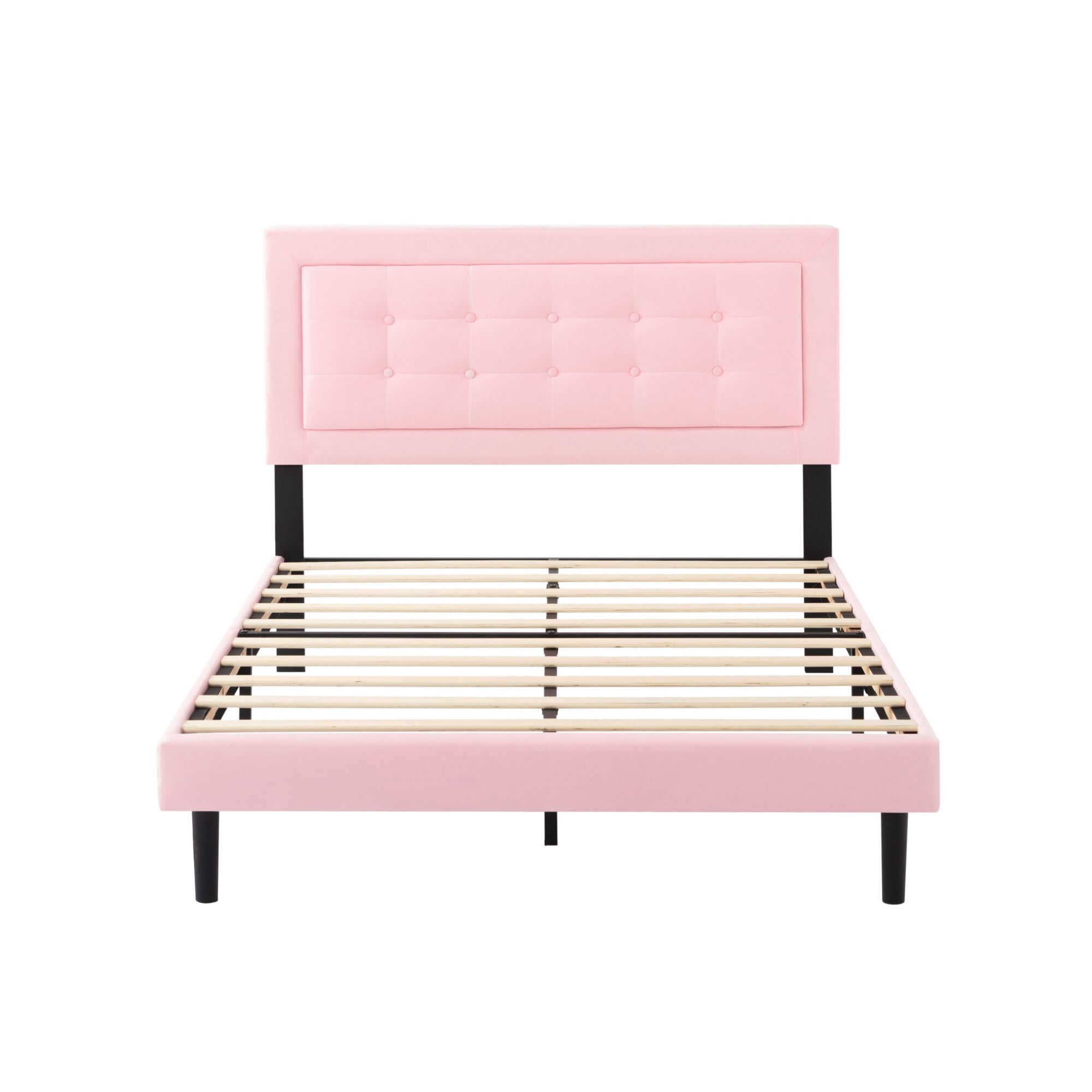AENKYO Modern Full Size Upholstered Platform Bed Frame with Velvet Fabric Headboard, No Box Spring Needed, Pink
