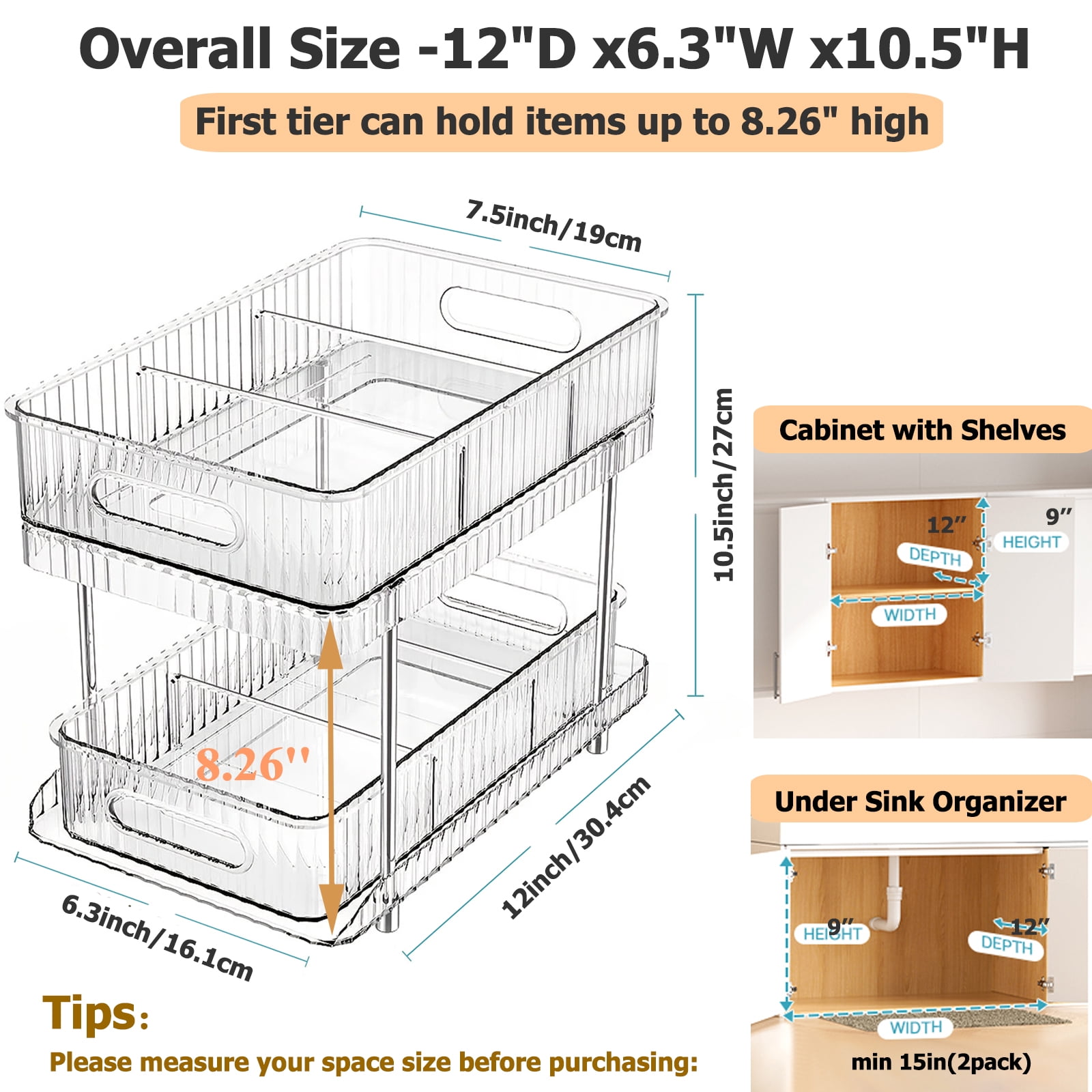 Kisportee 2 Pack Pull Out Bathroom Under Sink Organizers and Storage, 2 Tier Stackable Kitchen Pantry Organization, Medicine Cabinet Organizer with Movable Dividers, Clear