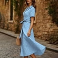 thumbnail image 4 of Karymi Polka Dot Print Vintage Midi Dress, Lapel V Neck Short Sleeve Contrast Trim Button Front A-Line Dress with Self Tie Belted Waist Easter Dress, 4 of 7