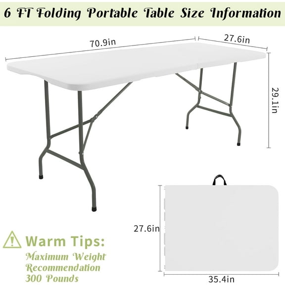 2 Pack 6 FT Folding Tables White Foldable Table, Fold-in-Half with Carrying Handle Portable Plastic Rectangular Table for Party, Dining, Wedding, Camping, Picnic, Indoor Outdoor Events