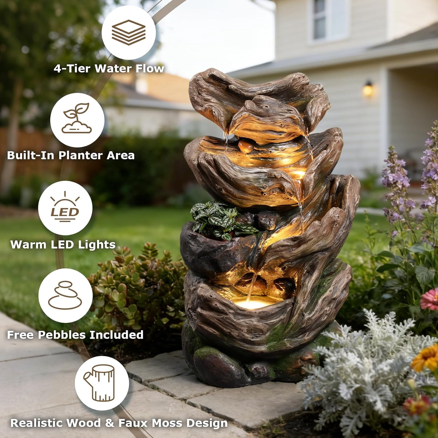 4-Tier Cascading Outdoor Water Fountain, 25.2" H Realistic Tree Trunk Garden Waterfall Fountains for Outside, Water Fountain Outdoor with Lights for Patio, Yard, Deck, Porch and Home Decor