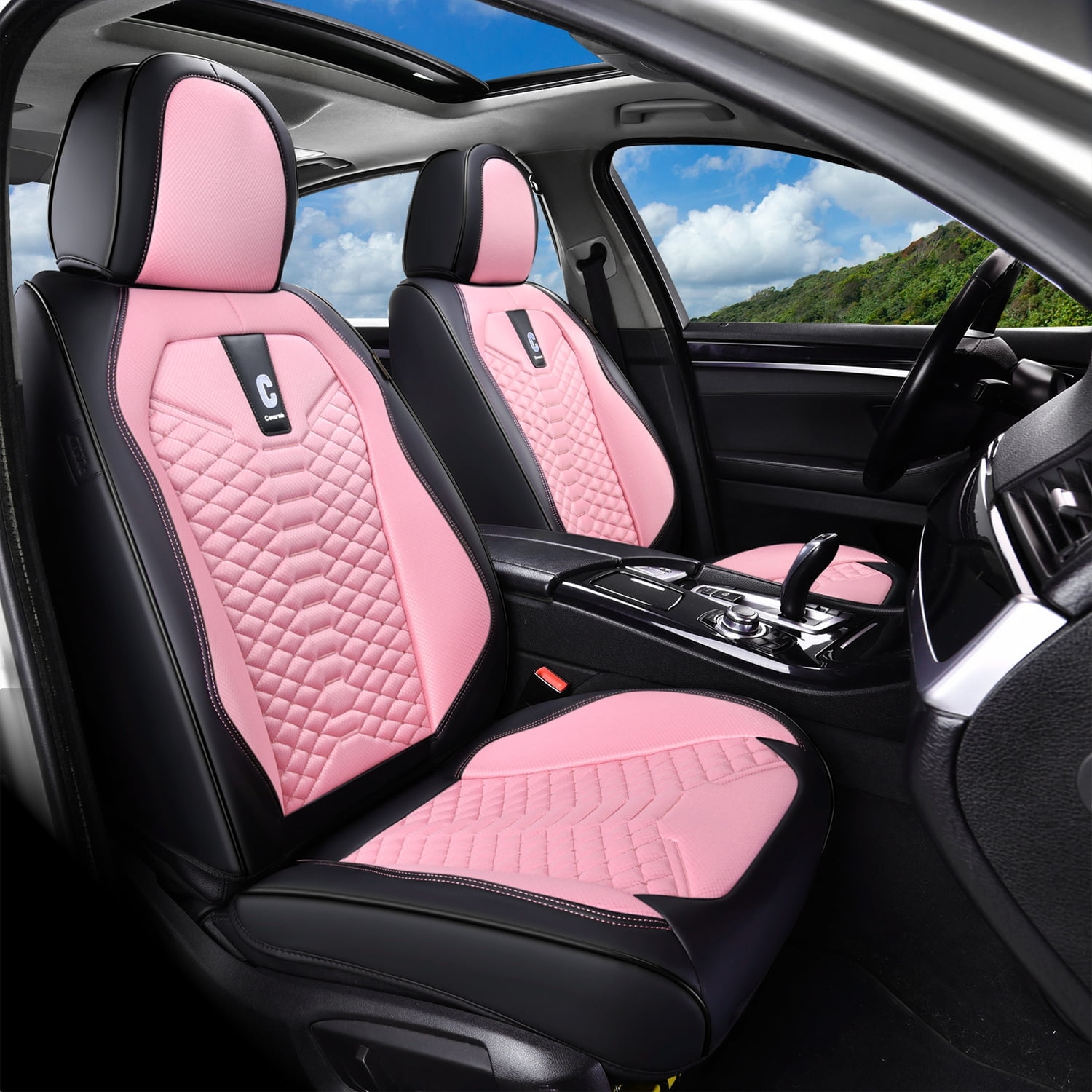 Coverado Pink Car Seat Covers Full Set for Women, 5 Seats Leather&Fabric Breathable Front and Back Auto Protectors, Universal Car Interior Cushions Fit Most Sedans SUV Pickup Trucks