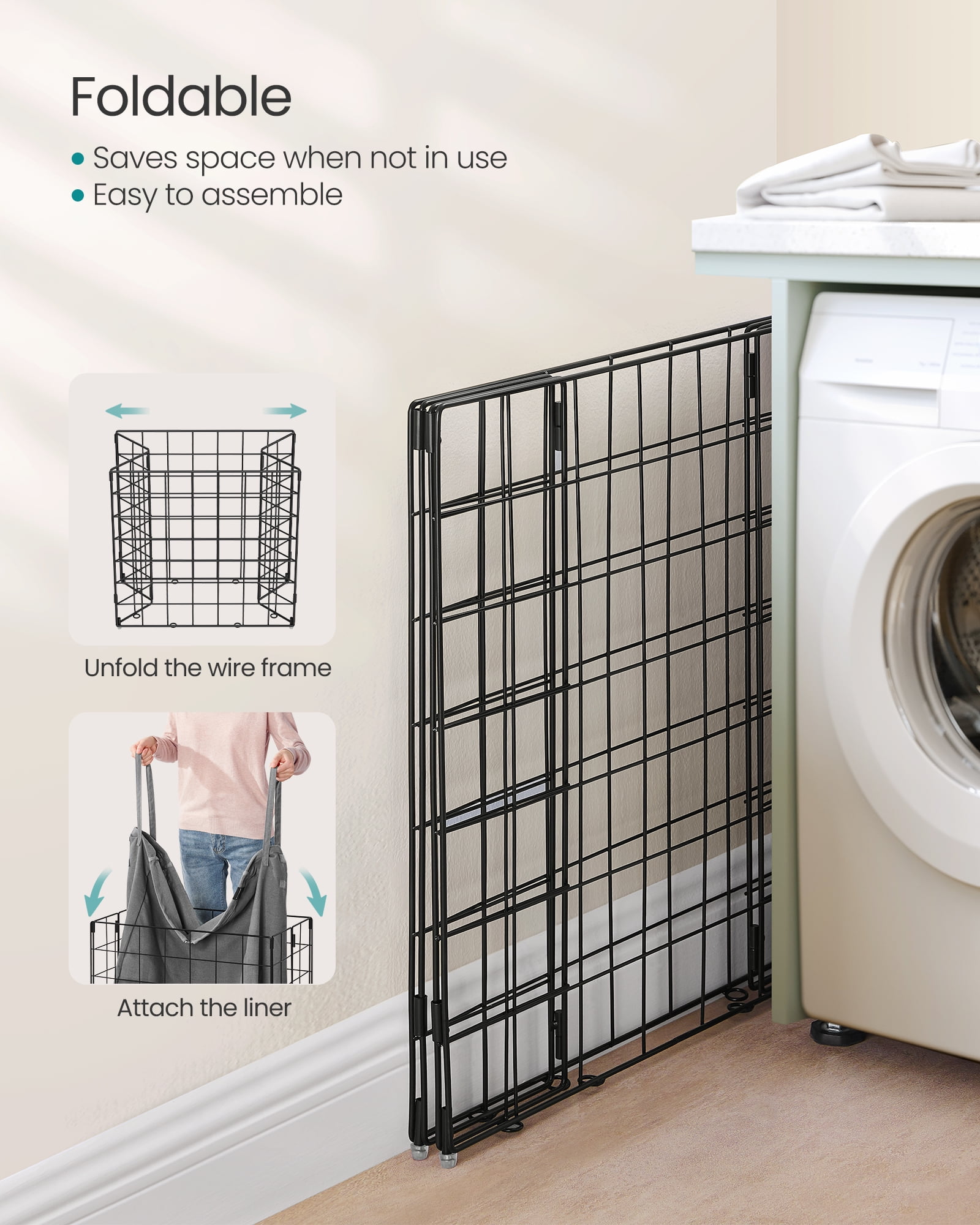 34.3 Gal Laundry Hamper, Collapsible Clothes Basket with Removable Washable Liner & Metal Frame, 66 lb Capacity for Bedroom Bathroom, Black and Gray