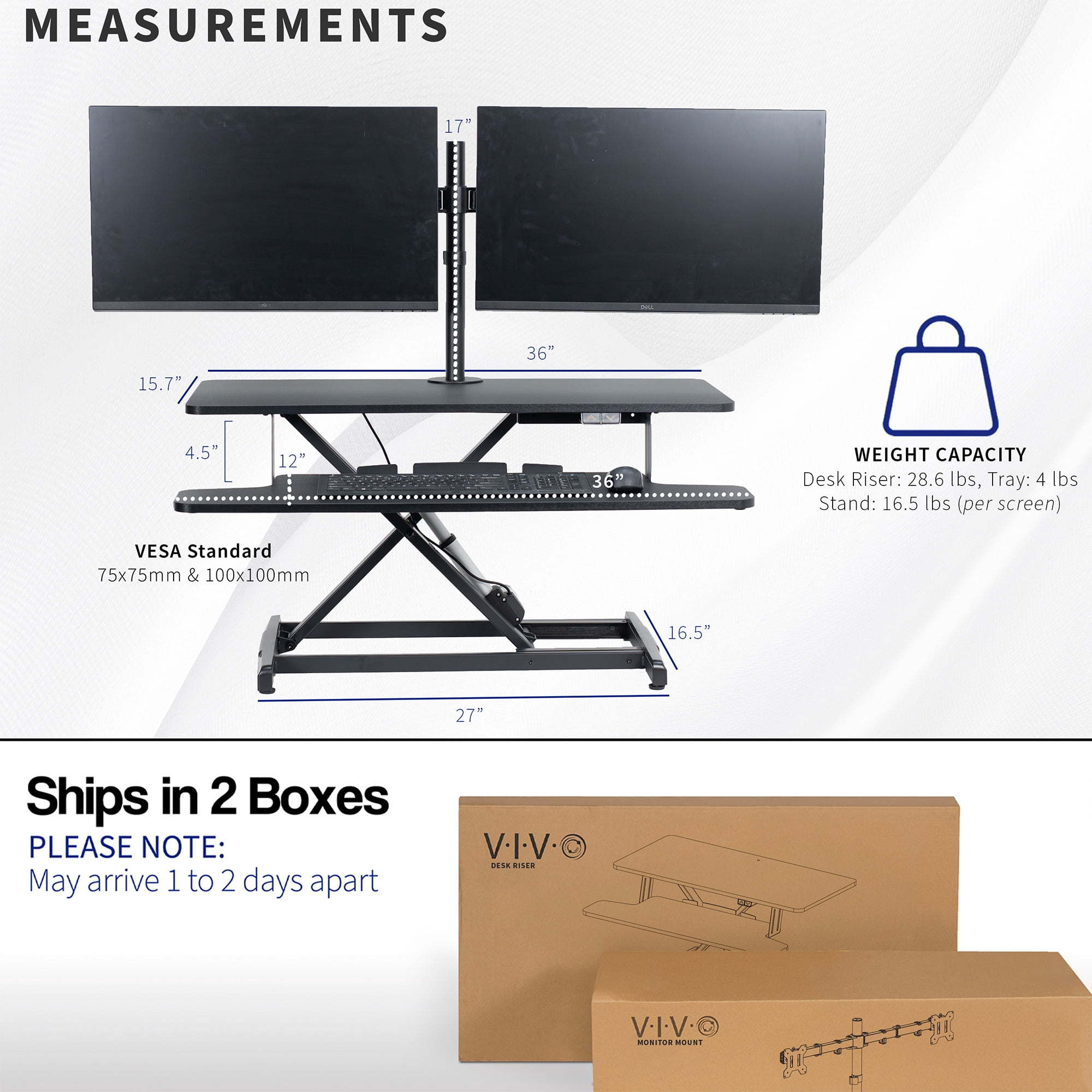 VIVO Black 36" Electric Desk Riser with Dual Monitor Arm for up to 30" Screens
