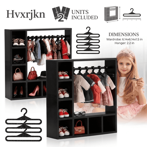 Adifare 2Pcs Doll Clothes Closet Practical Doll Clothes Wardrobe with 20 Hangers Cute Figures Outfit Cabinet for Garments Shoes Hats