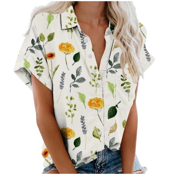 Blusas para las Mujeres Casual Cómodo Imprimir Manga Corta Botón de Bolsillo Top Camiseta, Tops Cortos para las Mujeres