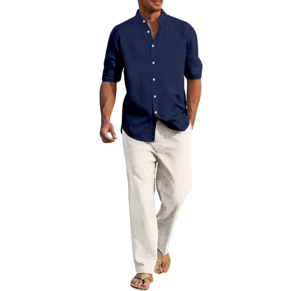 RUTAYY Men's Outfits Breathable Long Sleeve Solid Color Shirt with Button Pockets Comfortable Pants Yoga Casual Outdoor Wear Vacation Travel Clothing Sets
