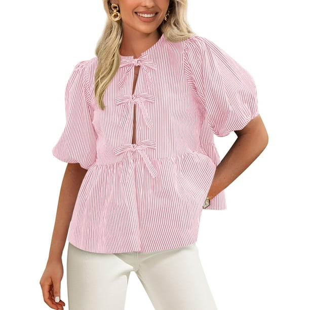 Blusa PRETTYGARDEN para mujer, con lazo en la parte delantera, a rayas, color rosa 2025