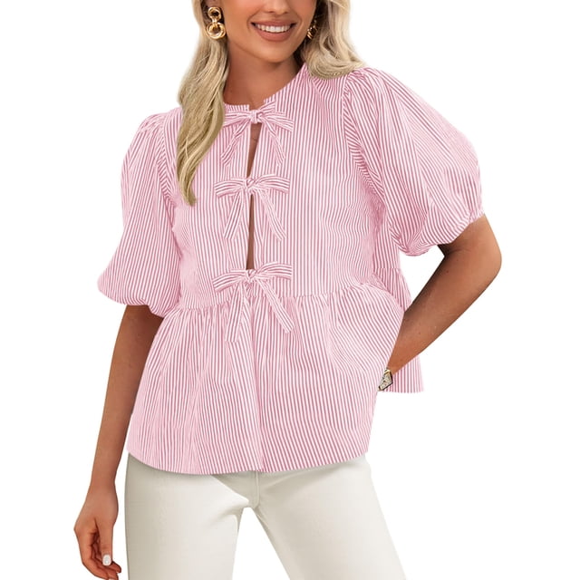Blusa Peplum Babydoll con Lazo Frontal para Mujer PRETTYGARDEN Rosa Talla L