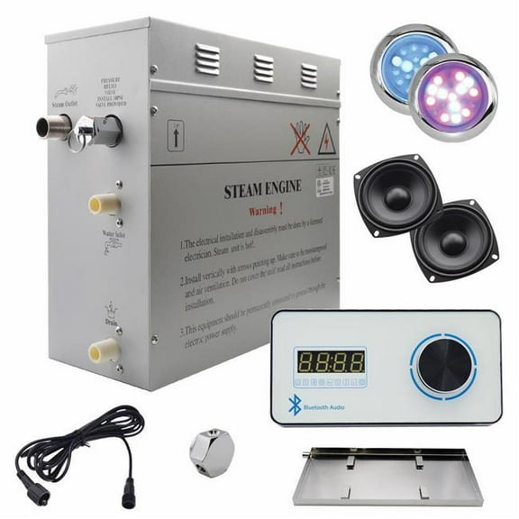 Steam Planet GH6LWPX2E Superior Encore Plus 6 kW Self-Draining Steam Bath Generator Kit & Bluetooth Horizontal Digital Keypad, Drip Pan & Multi-Colored Lights, White